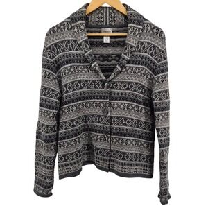 Chicos Size 2/L Gray Fair Isle Metallic Wool Blend Cardigan Sweater Shawl Collar